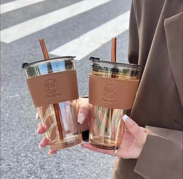 450ml Glass Mug with straw and lid