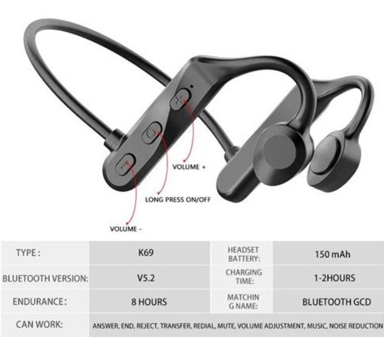 Bluetooth headphones Bone Conduction K69 on ear