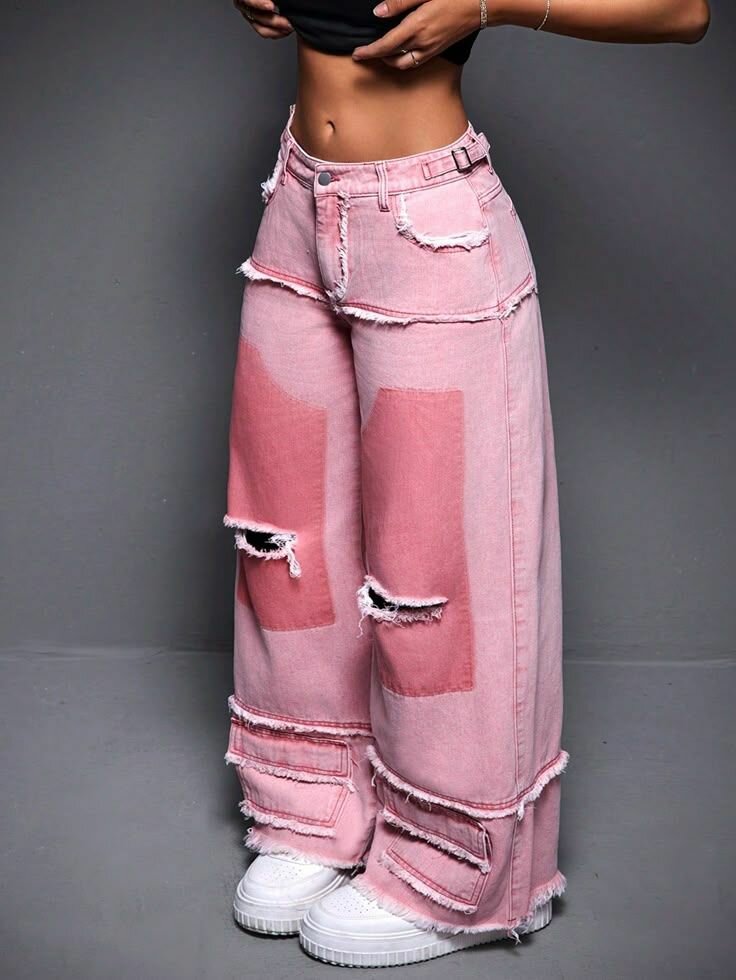 Pantalons larges en denim rose