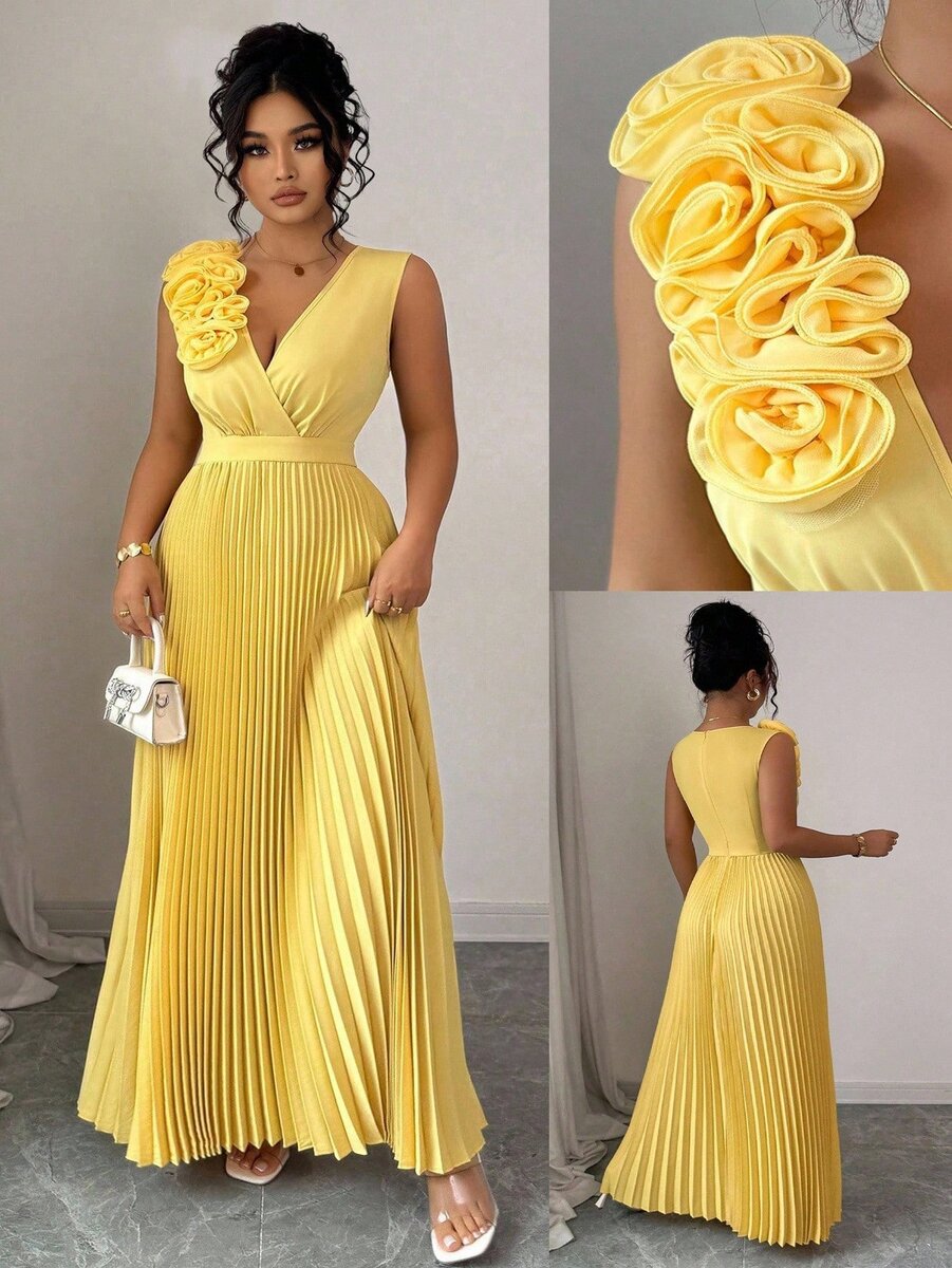 Robe longue plissée jaune