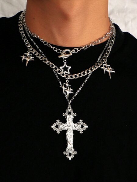 Collier multicouche croix argentée
