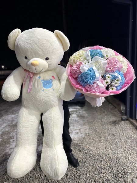 Комбо мишка +букет из Гортензии
