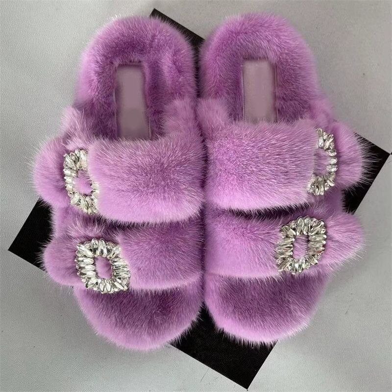 Winter Luxury Fur Rhinestone Slippers For Women Sexy Designe
