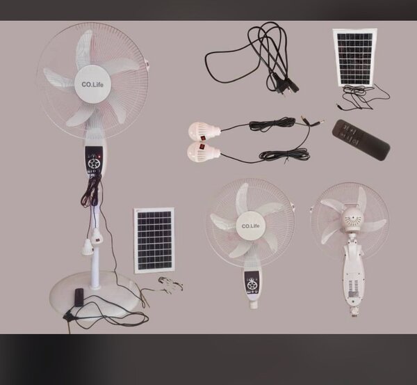 Rechargeable solar fan, with bulbs, USB ports, and remote