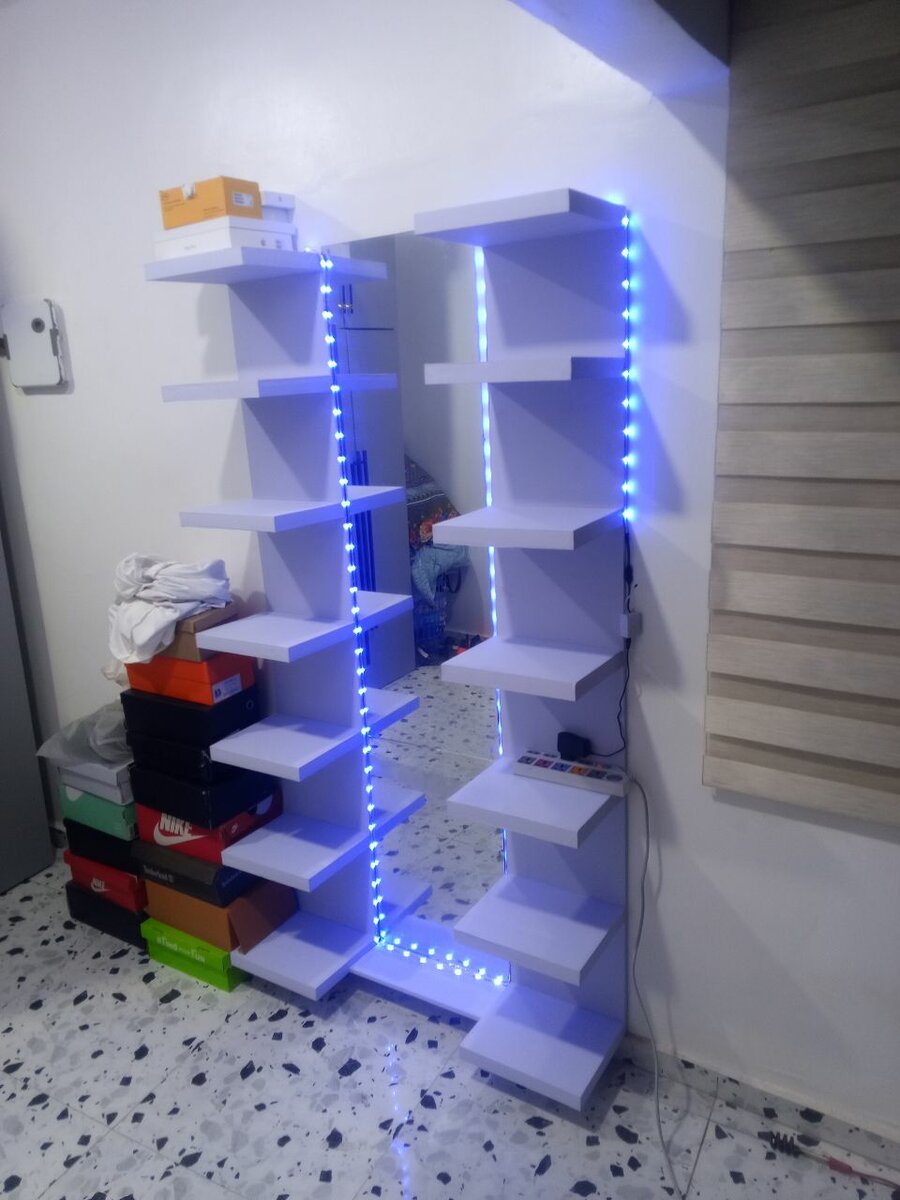 Floating shoe rack with mirror and LED light