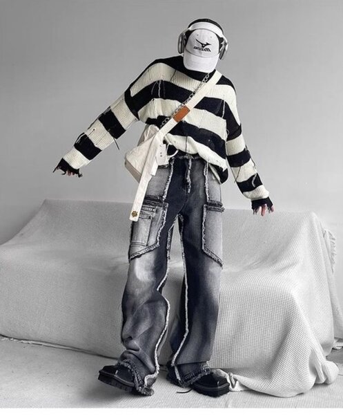 (black gray) Men's Gothic Baggy Jeans 2022 Punk Y2K Streetwe