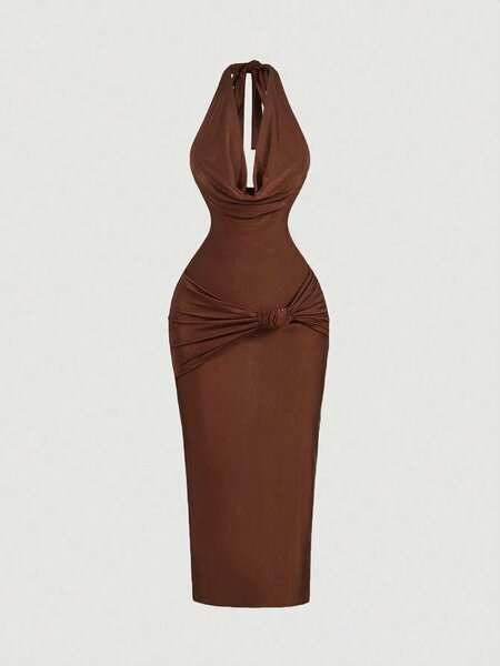 Draped neck form fitting dress