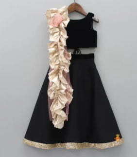 Black Choli And Lehenga With Frilly Dupatta ( Fabric Velvet Silk And Tissue And Net Dupatta)