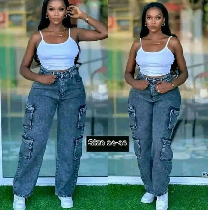 Jean cargo femme taille haute