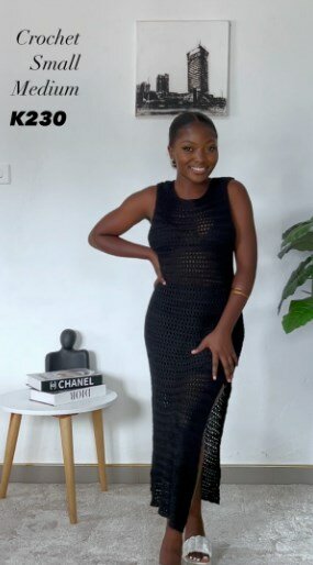 Dress mesh knitted, black, maxi