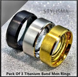 Pack of 3 (Silver,Golden,Black) Titanium Band Rings For Boys & Girls