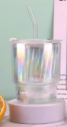 Iridescent Fashion Glass Tumbler with 3-in-1 Splash Proof Lid and Glass Straw