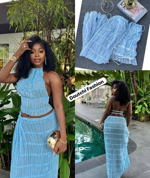 Robe Maxi Plissée Bleu Élégante