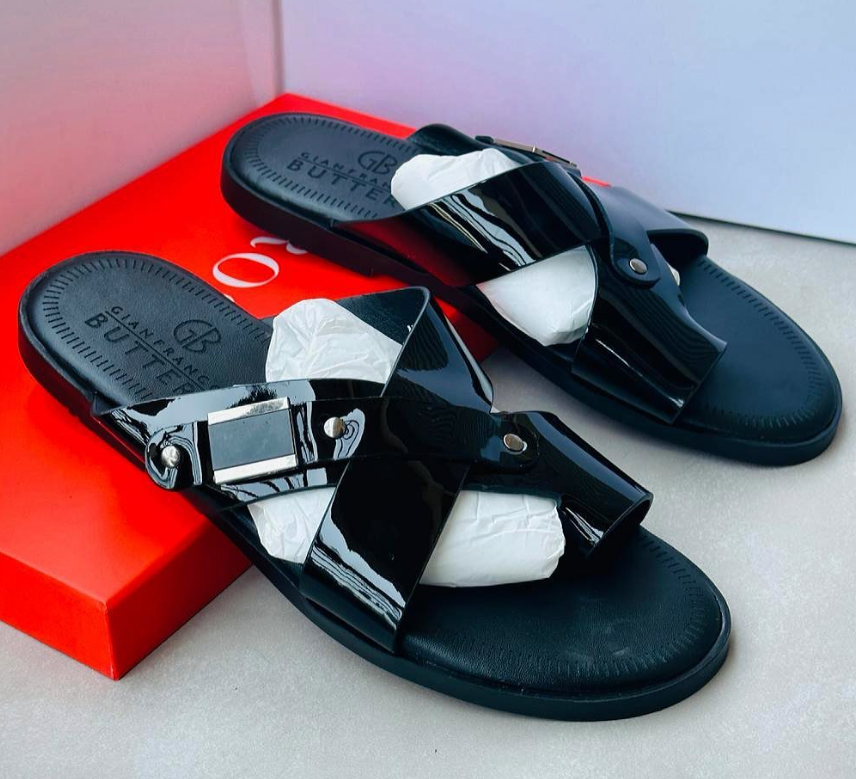 Mens Leather Mirror Slides
