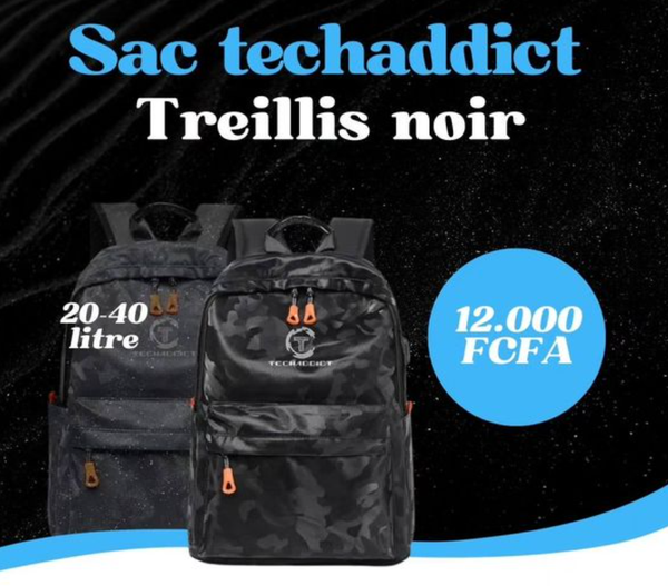 Sac à dos Multifonctions TECHADDICT grande résistance – Unisexe -couleur treillis - réfléchissant _ NOIR 