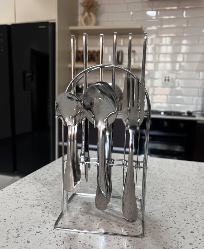 24-piece cutlery set, stainless steel, with stand for easy storage