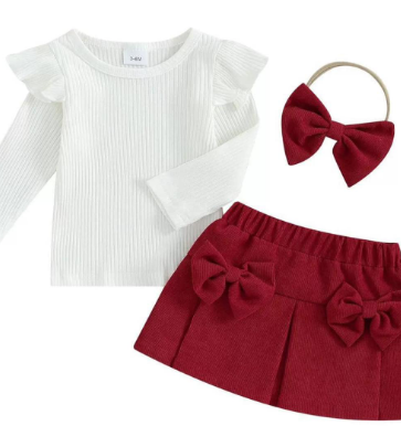 3-piece set, white long-sleeve T-shirt, red skirt and hair tie, size 12-24 months