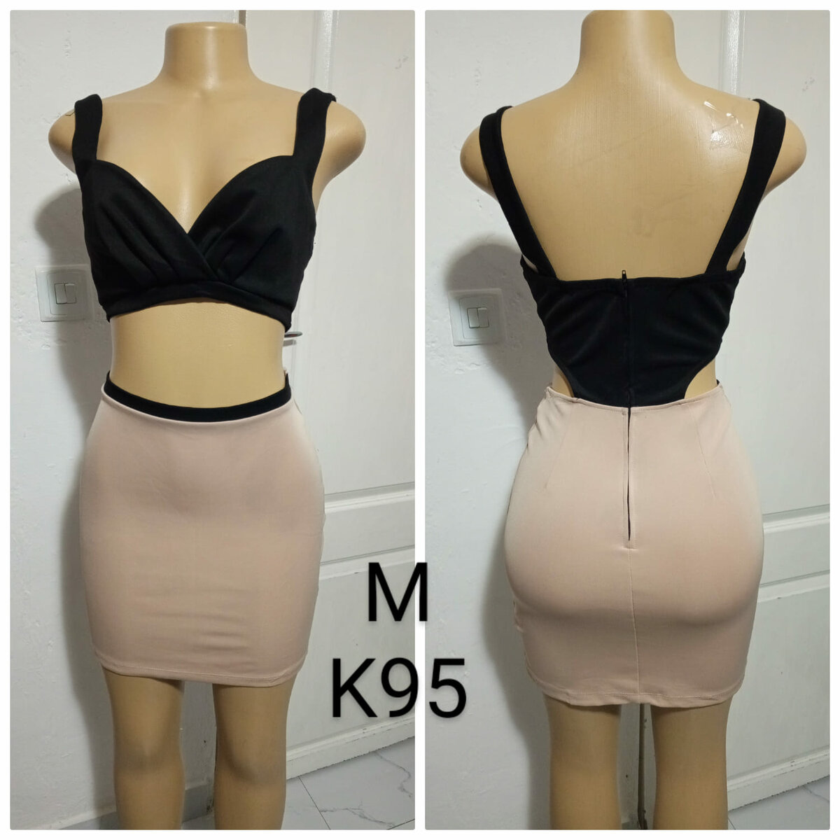 Women's Dress Black cut-out Top and beige Short Skirt, size M
