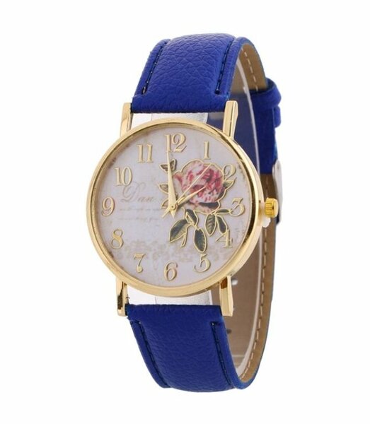 Women Arabic Number Rose Flower Round Dial Faux Leather-Blue