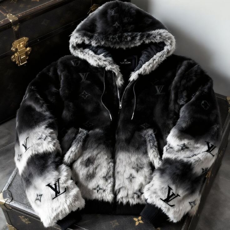 Veste en fausse fourrure noire et grise