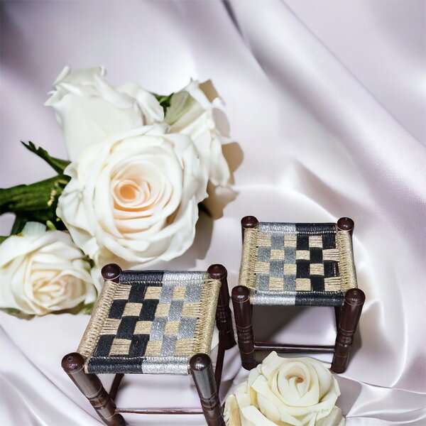 Pair of 2 Wooden Fancy Triple Stools