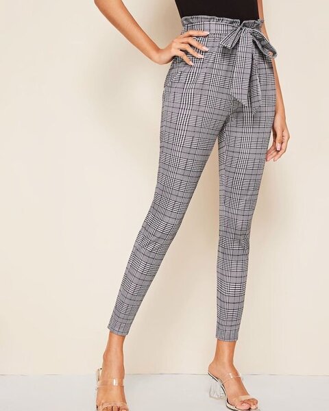 Pantalon taille haute à carreaux