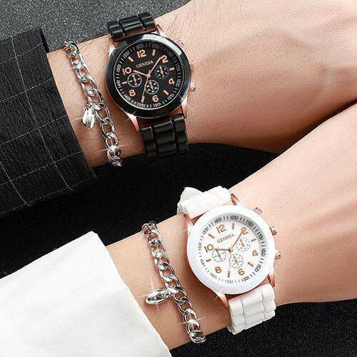 Fashion Couple Watch + Love Bracelet - Black/White