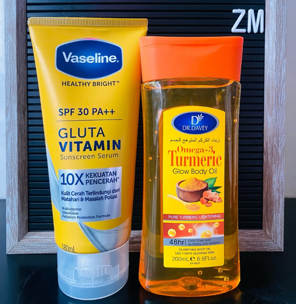 Vaseline.  HEALTHY BRIGHT"  SPF 30 PA++  GLUTA VITAMIN  DR DAVEY  Sunscreen Serum  Omega-3 Turmeric  10X KEKUATAN PENCERAH  Glow Body Oil 
