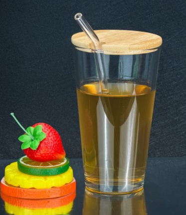 Eco-Friendly Bamboo Lid Plain Clear Glass Tumbler with Glass Straw