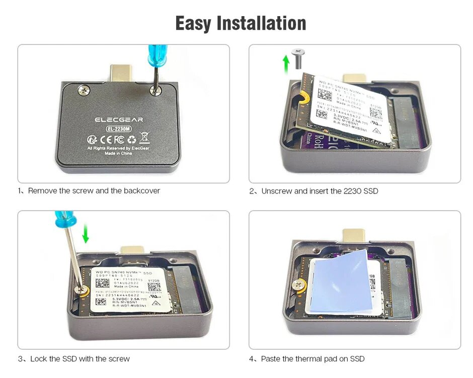 Boîtier externe mini SSD ElecGear pour SSD M.2 NVMe 2230,
