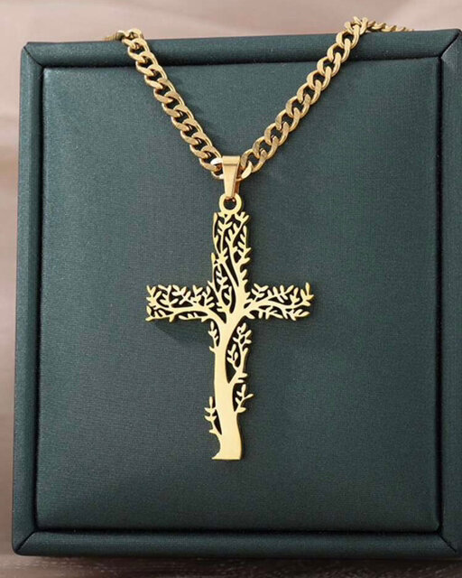 Collier croix arbre doré
