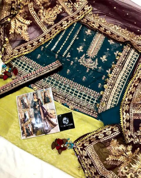 Ladies 3pc net full embroidery work + patches