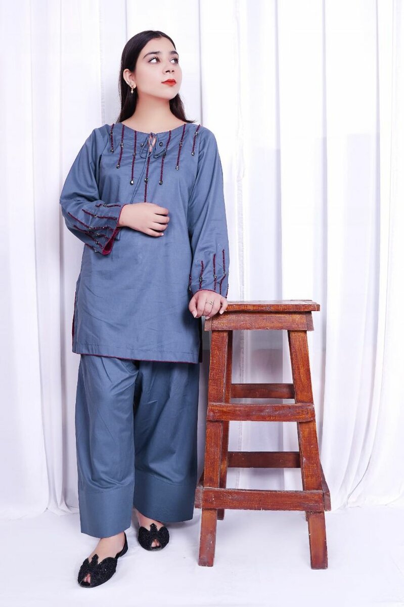 Grey Handmade Stone Work 2-Piece Farshi Shalwar Set