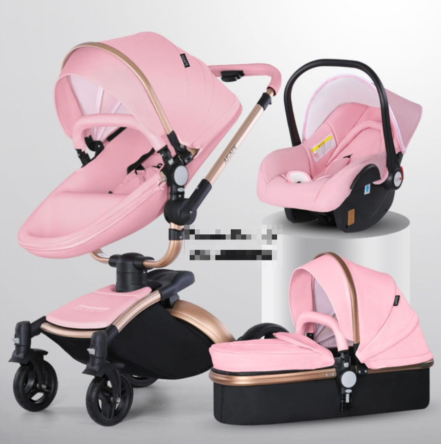 Baby stroller 3 in 1, folding, with car seat, pink
