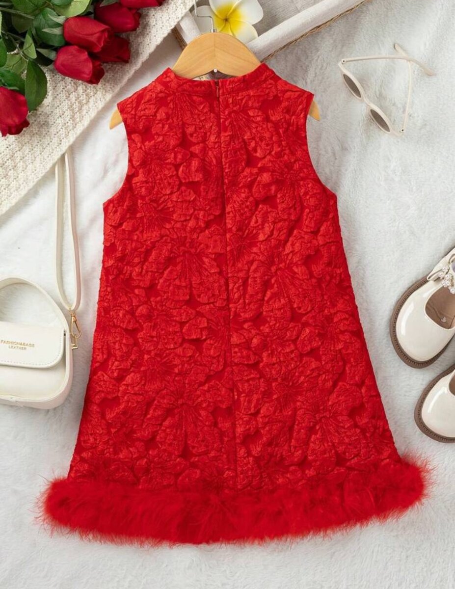 Robe avec col montant en ourlet , fourrure et en tissus jacq