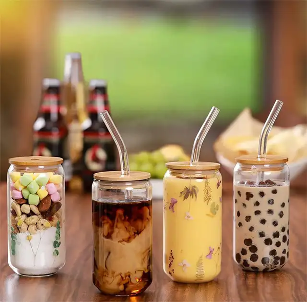 500ml GLASS CUP WITH STRAW