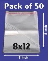 Pack / Bundle of 50 (8 x 12 Inch) Clear Resealable Cloths or Anything Packing/ Poly Transparent Plastic Bags For Storage Self Adhesive Polythene Peel + Seal Bags For Packing / Celo Bag