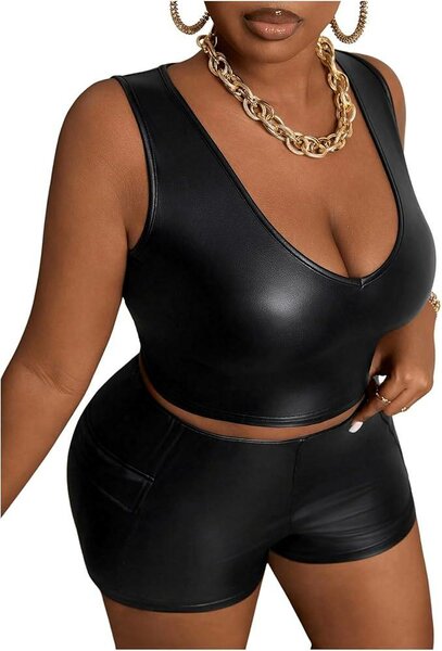 Ladies  Leather V-neck Crop Top(Top only)