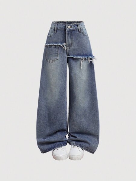 Tween girls retro stylish blue denim wide