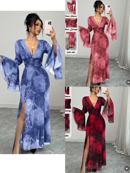 Robe longue élégante à manches évasées