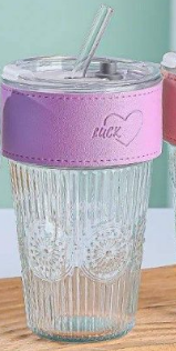 Only Mine Embossed Glass Tumbler with Leather Band, Splash-Proof Lid and Reusable Glass Straw
