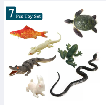 7 Pcs Set - Mini Size Soft Rubber Realistic Figure Rabbit Lizard Snake Frog Turtle Alligator Crocodile Fish Animal Toys Set For Kids Boys and Girls - Fun Prank Toy Wild Animals Dinosaur Jungle Zoo Dinosaurs