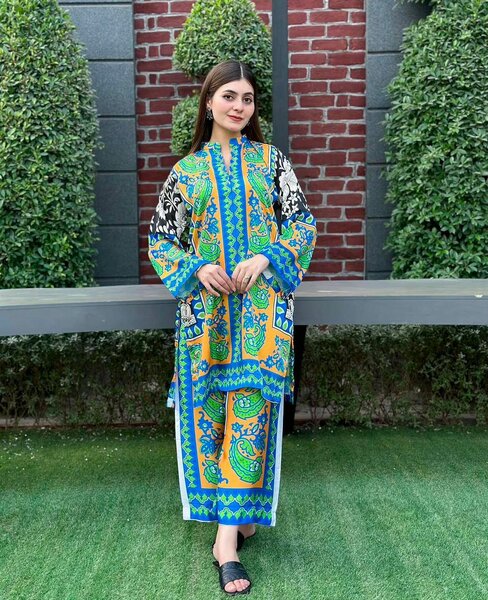 2 Pcs Woman's Stitched Printed Shirt And Plazo