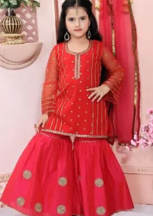Red Suit With Dupatta ( Fabric Linen And Tissue) ( Size 1 Yrs To 16 Yrs)