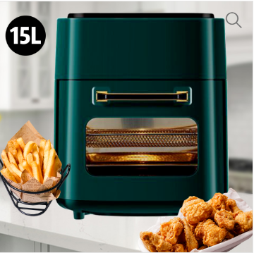 Green 15L Silver Crest Oil Free Air Fryer Oven, Hot Air Fryer with LED Touch Screen Visible Window 1400 W Electric Air Fryer with Recipes, Baking Basket, Bread Drawer, Grill Handle