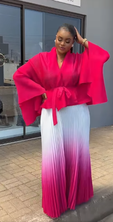 Women's set, pink shirt and long skirt with print