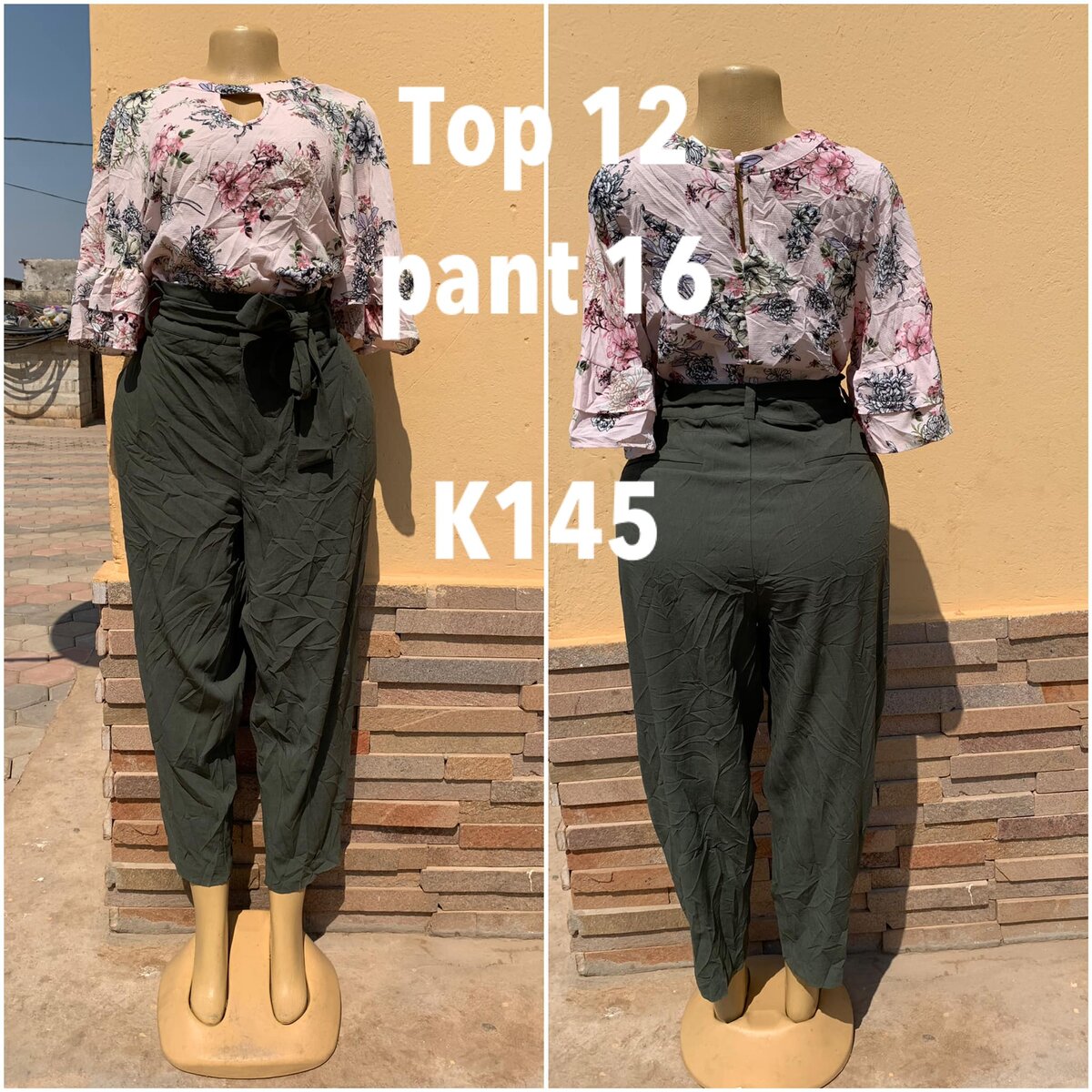 Set light pink blouse with print, size 12, dark gray trousers size 16