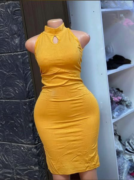 Sleeveless, bodycon dress, mustard color