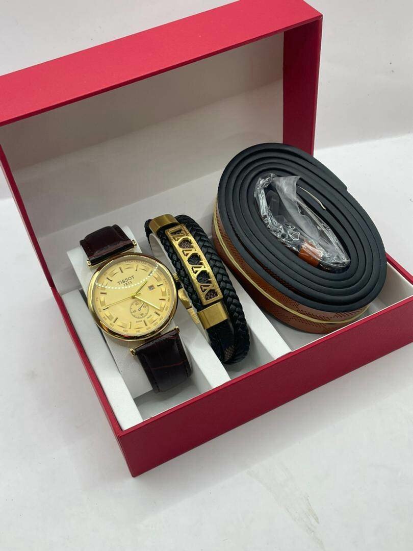Leather watch, bracelet and belt set