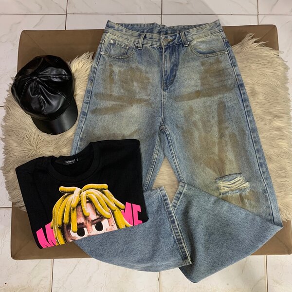 Stonebwoy cap, crop top and  open jeans trouser